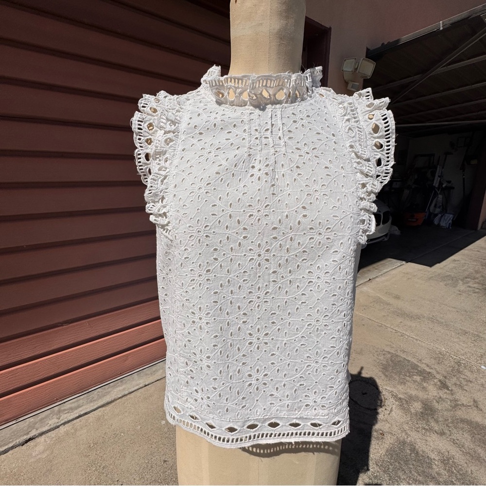 Anthropologie White Eyelet Ruffle Sleeve Blouse